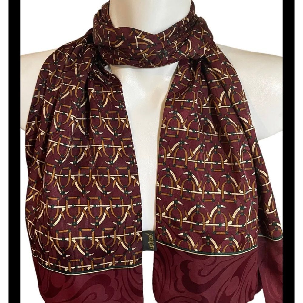 Kkusebo / Burgandy Green Brown / Rectangle Scarf / 10" x 50" / Polyester
